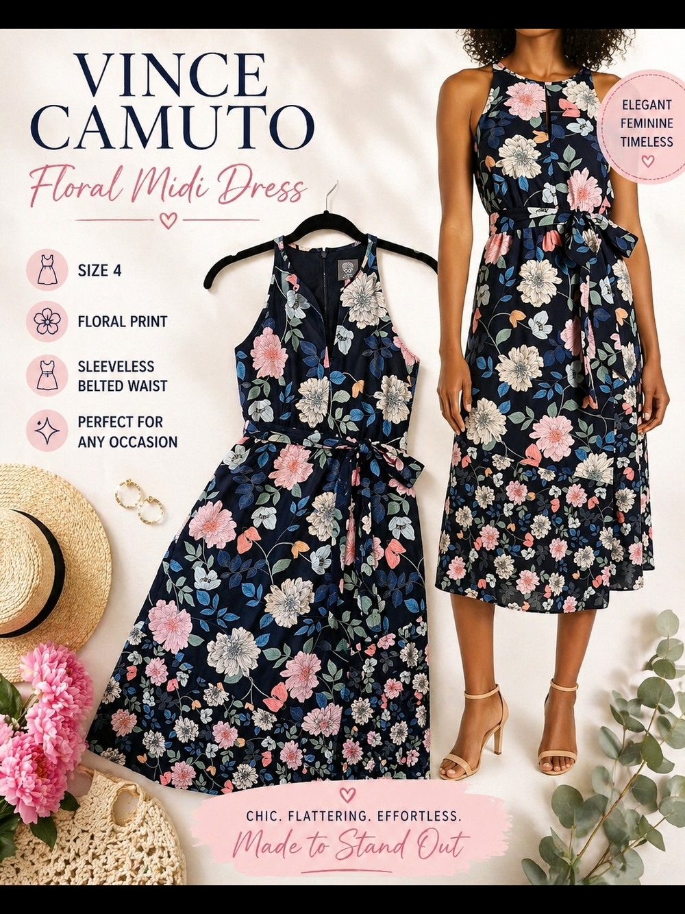 Floral Halter Midi Dress in Navy with Pink & White Blooms
